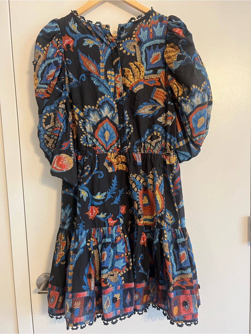 Farm Rio Black Latina Scarf Tapestry Embroidered Puff Sleeve Mini Dress Size M